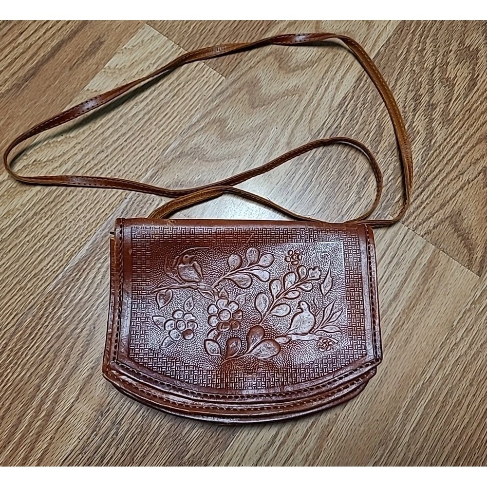 Tooled Leather Saddle Crossbody Purse Bag Embossed‎ Birds Flowers April Cornell